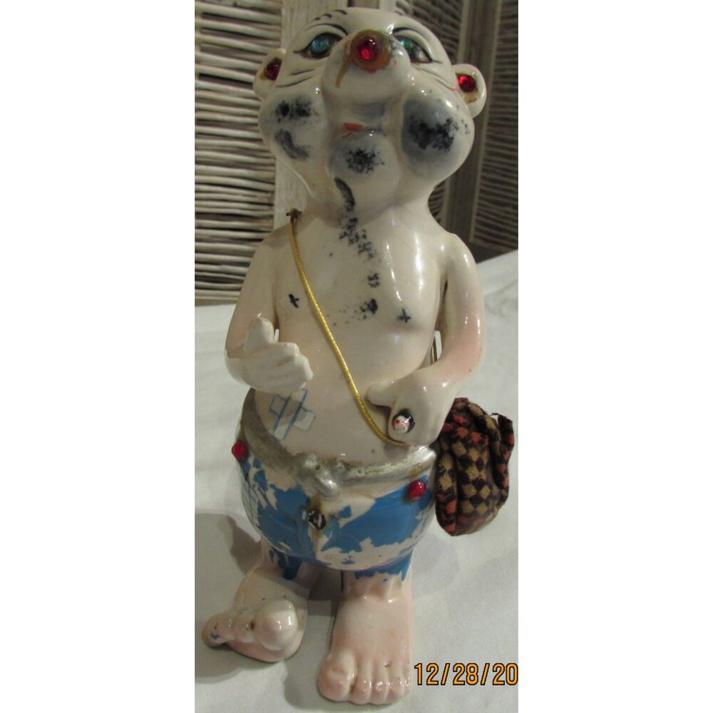 Vintage Kreiss Psycho ceramics beatnik hobo blue eyes red nose big feet bag